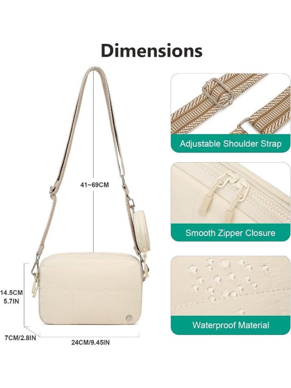 Women's Cream White Small Purse Quilted Designer Zipper Shoulder Crossbody Bags - Picture 3 of 6